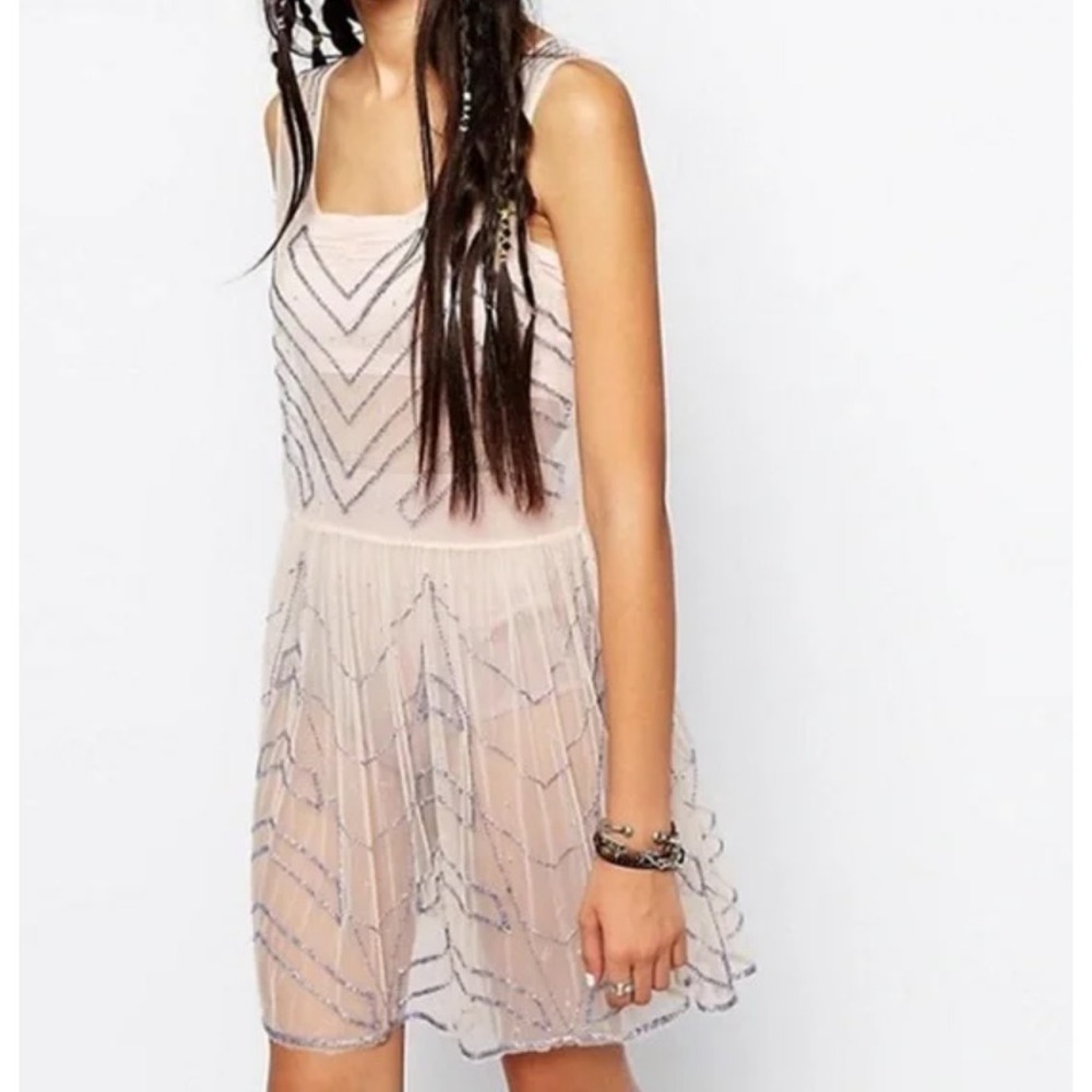Free People Mesh Mini Slip Dress Size Small Sequin Party Sheer Pink Boho